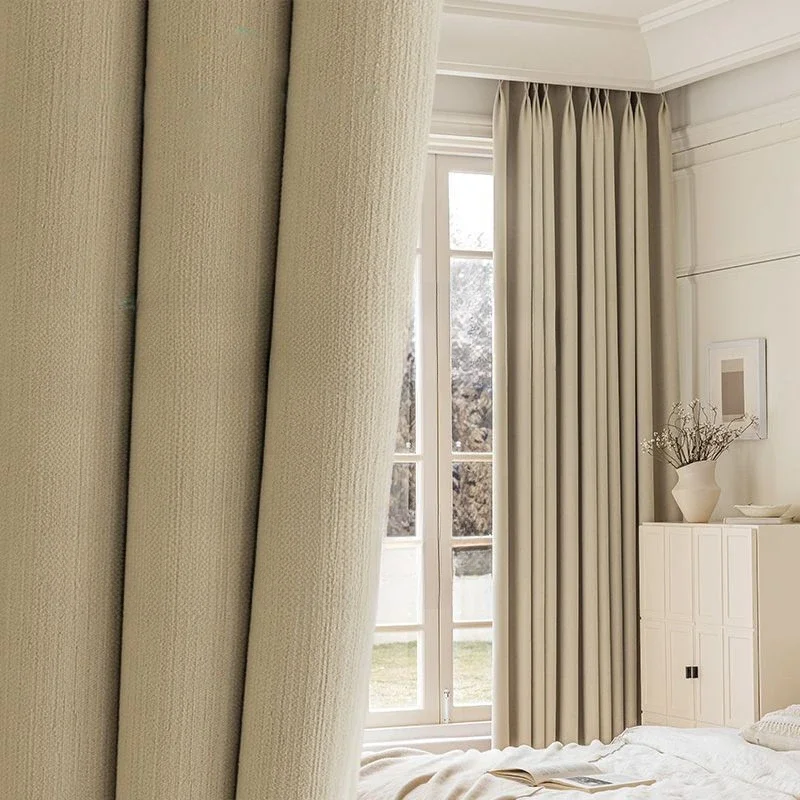 Minimalist Cream Velvet Curtains French Light Luxury Curtains Full Blackout High-precision Thickened Chenille Plain Curtains