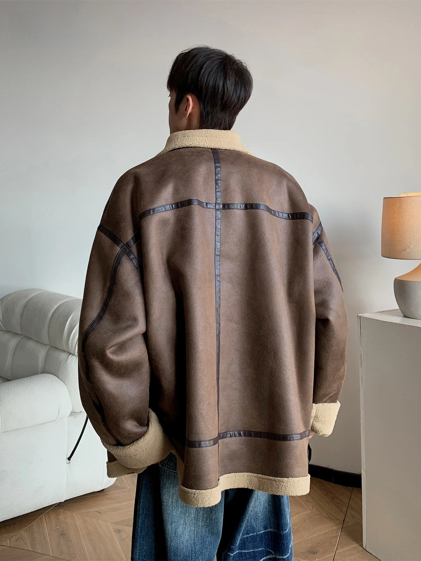 ملابس رجالية من جلد الغزال من American Sle ملابس شتوية دافئة من الجلد والفرو المتكامل للدراجات النارية ملابس قطنية #4