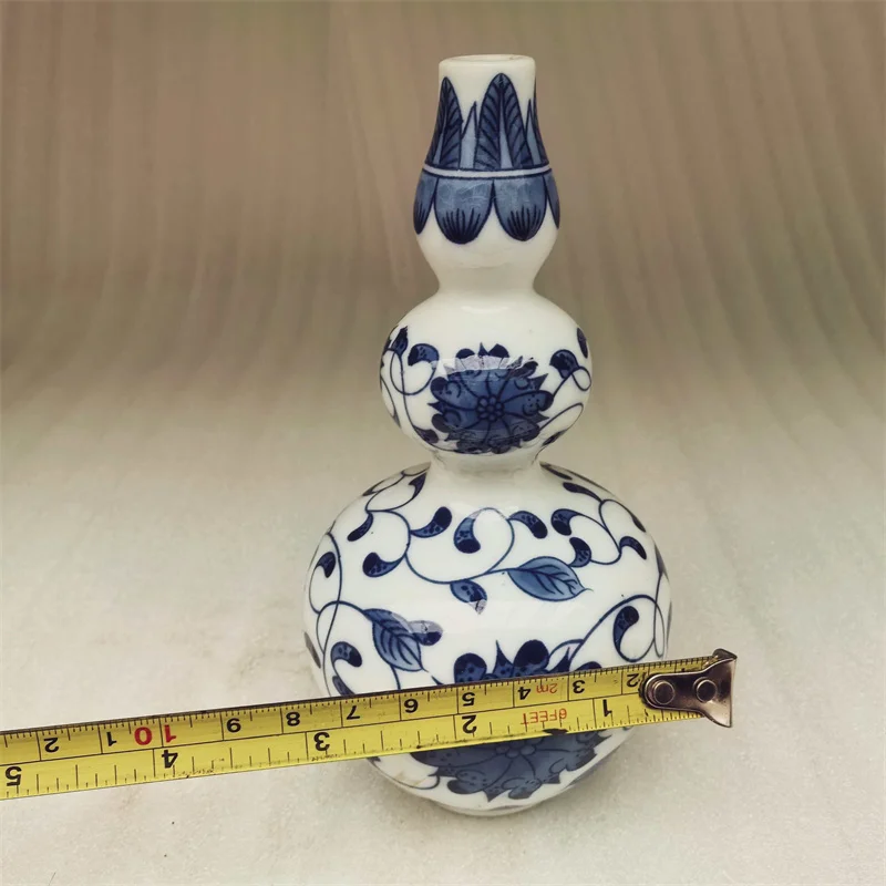 Chinese Old Porcelain Triple Gourd Vase Blue And White Entangled Lotus Pattern Traditional Decorative Floor Standing Artwork