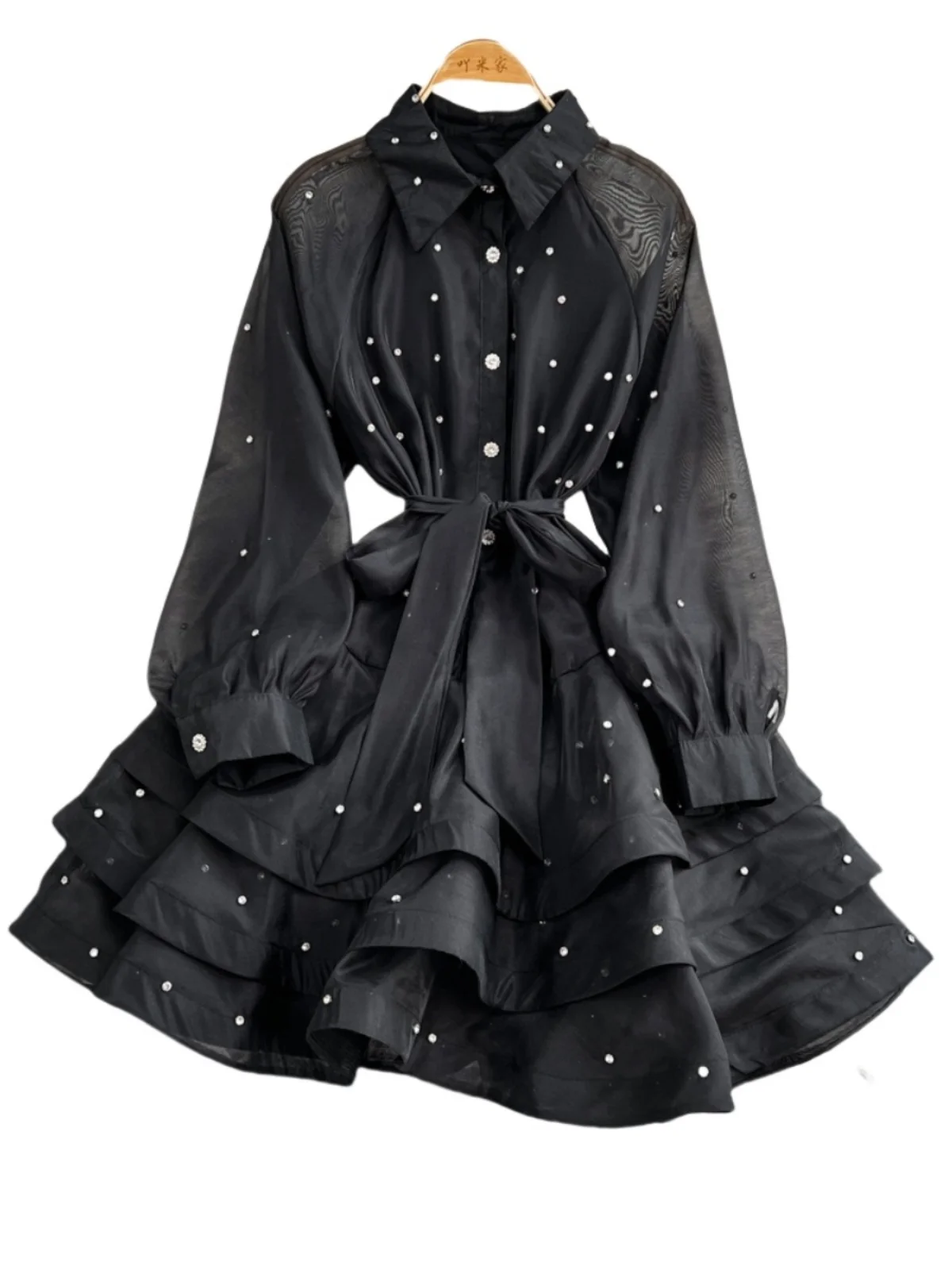 Faionable Diamond Embellished Puffy Sve Midi Dr Gonna da donna a vita alta dimagrante ecian Sle Gonna coreana Sle lunga Sve