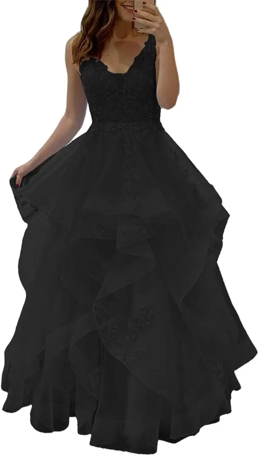 Abiti da ballo lunghi soffici in tulle Abiti da ballo principessa a strati con volant con applicazioni di pizzo Abito da sera formale Manmuxi