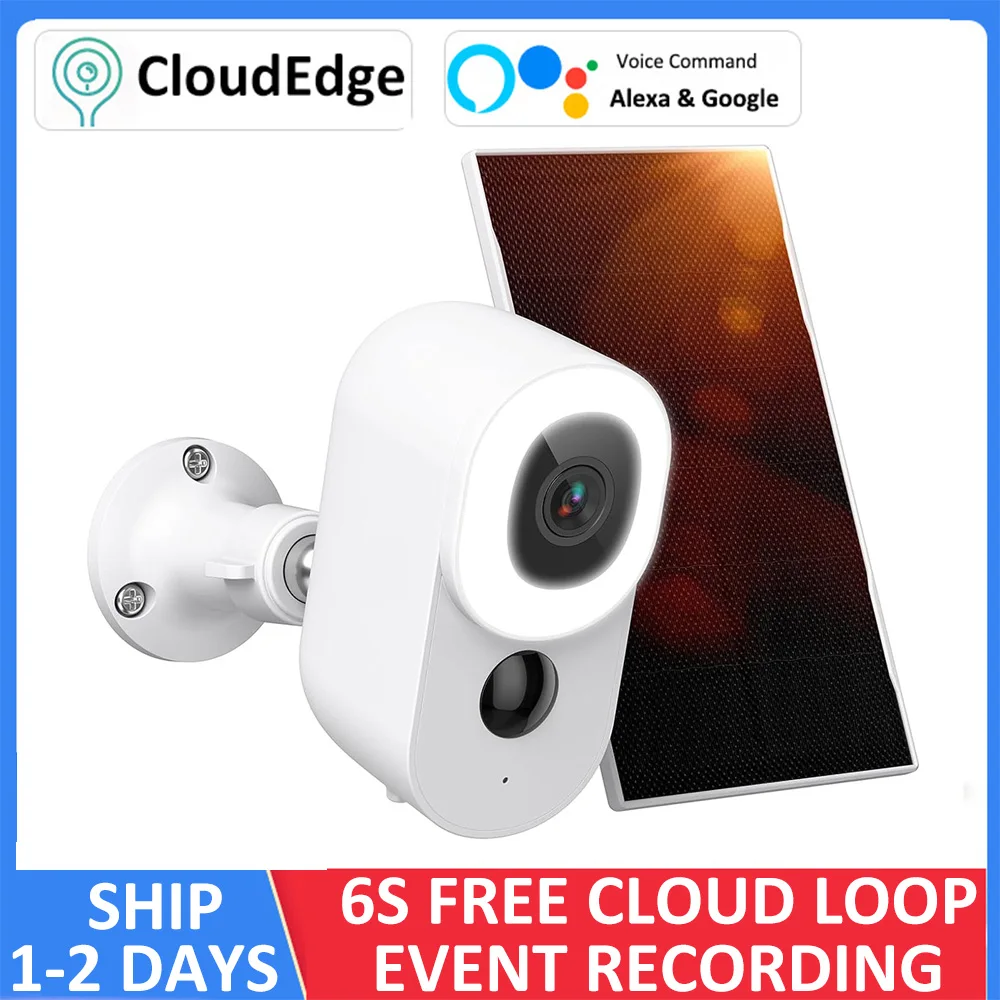 3MP WiFi Wireless Security Outdoor Battery Solar Spotlight Color Night Vision Siren PIR Cloud Surveillance Camera Alexa Google