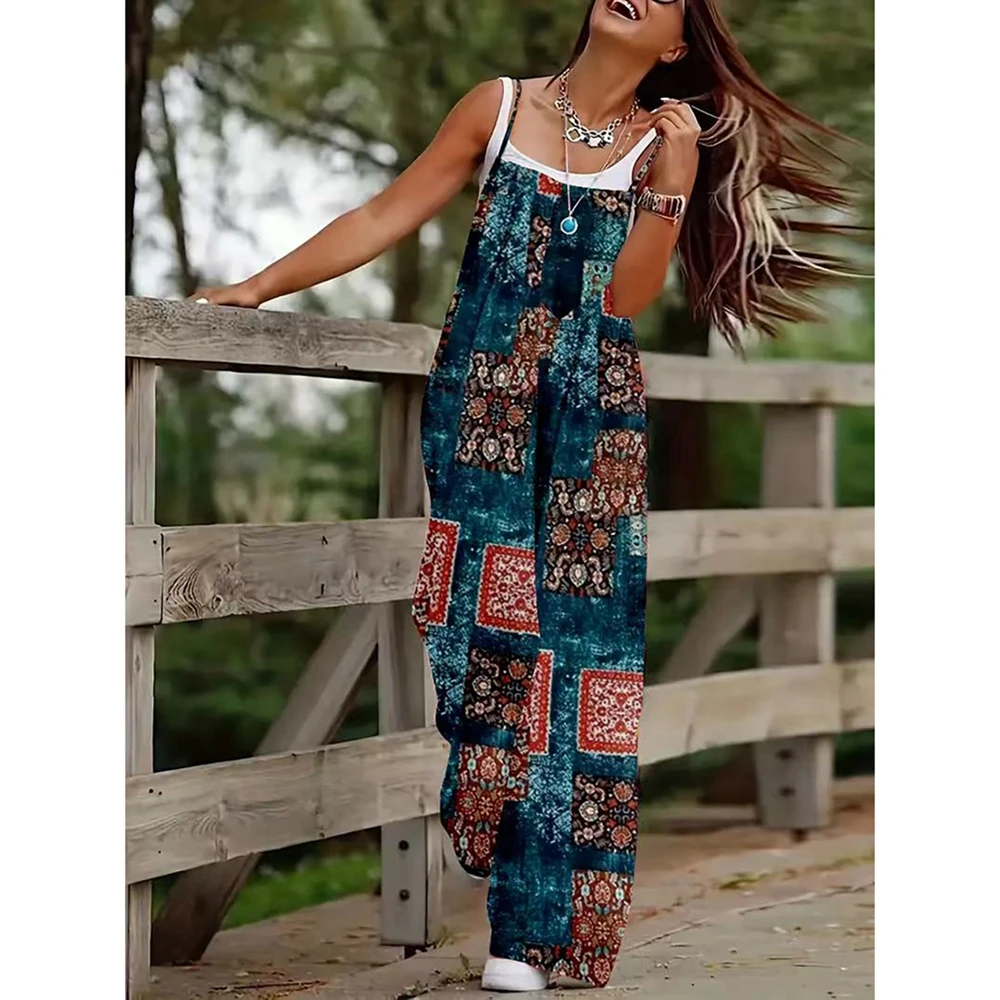 Combhasaki Dames Boheemse Dunne Spaghettibandjes Jumpsuits Retro Etnische Print Mouwloos Zomer Wijde Pijpen Losse Rompertjes Overalls