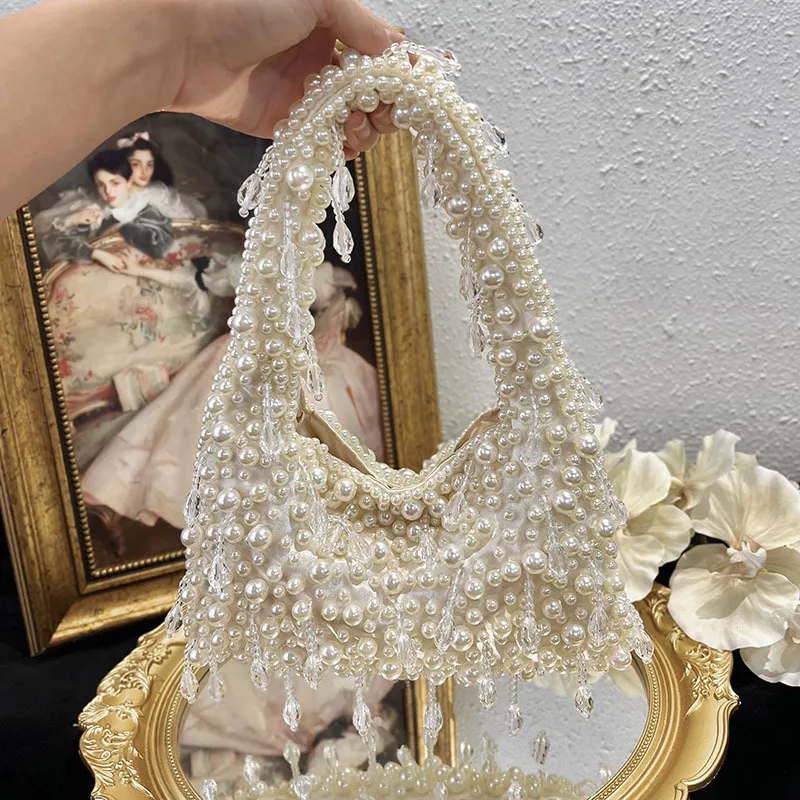Sweet, Fresh and Gentle Versatile Pearl Fringed Crystal Beaded Fashion Niche Design Portable Shoulder Armpit Bag