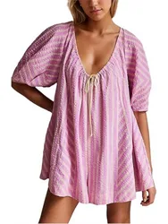 2025 Summer Beach Rompers For Women Casual Loose Striped Puff Short Sleeve Adjustable Neck Wide Leg Shorts Jumpsuit With Pockets