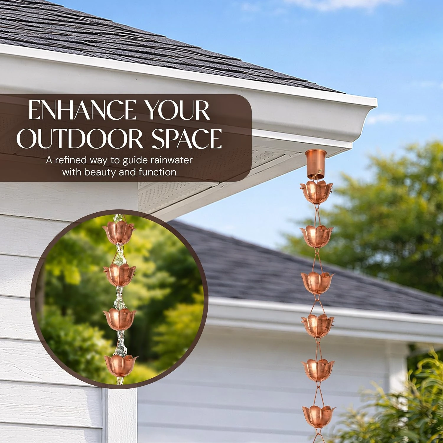 Pure Copper Lotus Decorative Rain Chains For Gutters Outdoor Weather Resistant Heavy Duty Downspout Chain Modern Patio Water Catcher Copper 8.5 Ft