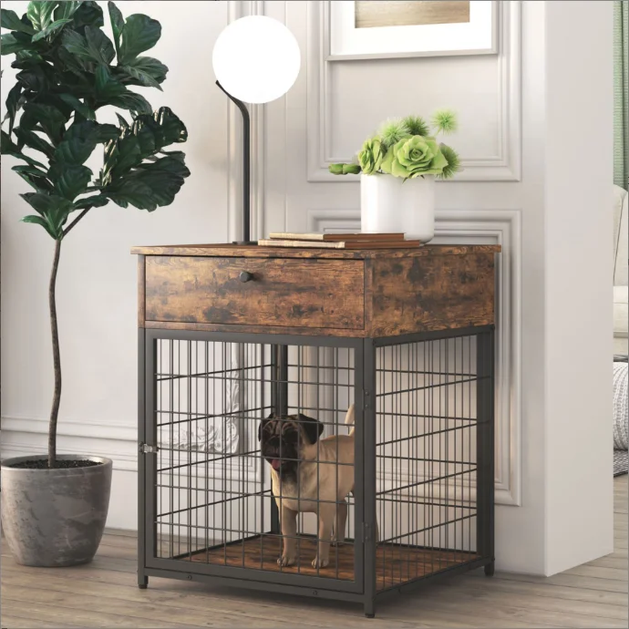 

Hot Sale New Small Dog Crate Furniture Indoor Wood Dog Cage Table With Drawers Storage Dog Crate Sturdy Metal