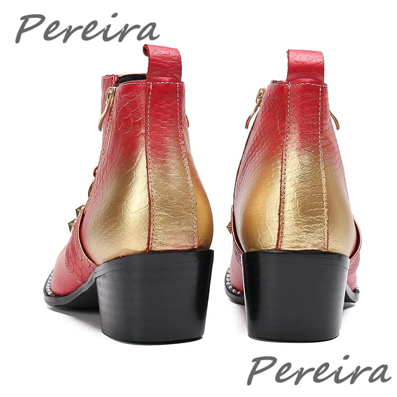 Metal Tiger Decor Leather Boots for Men Luxury Metal Toe Gold Red Mixed Colors 6CM Heel Ankle Shoes Fashion Party Dress Shoes