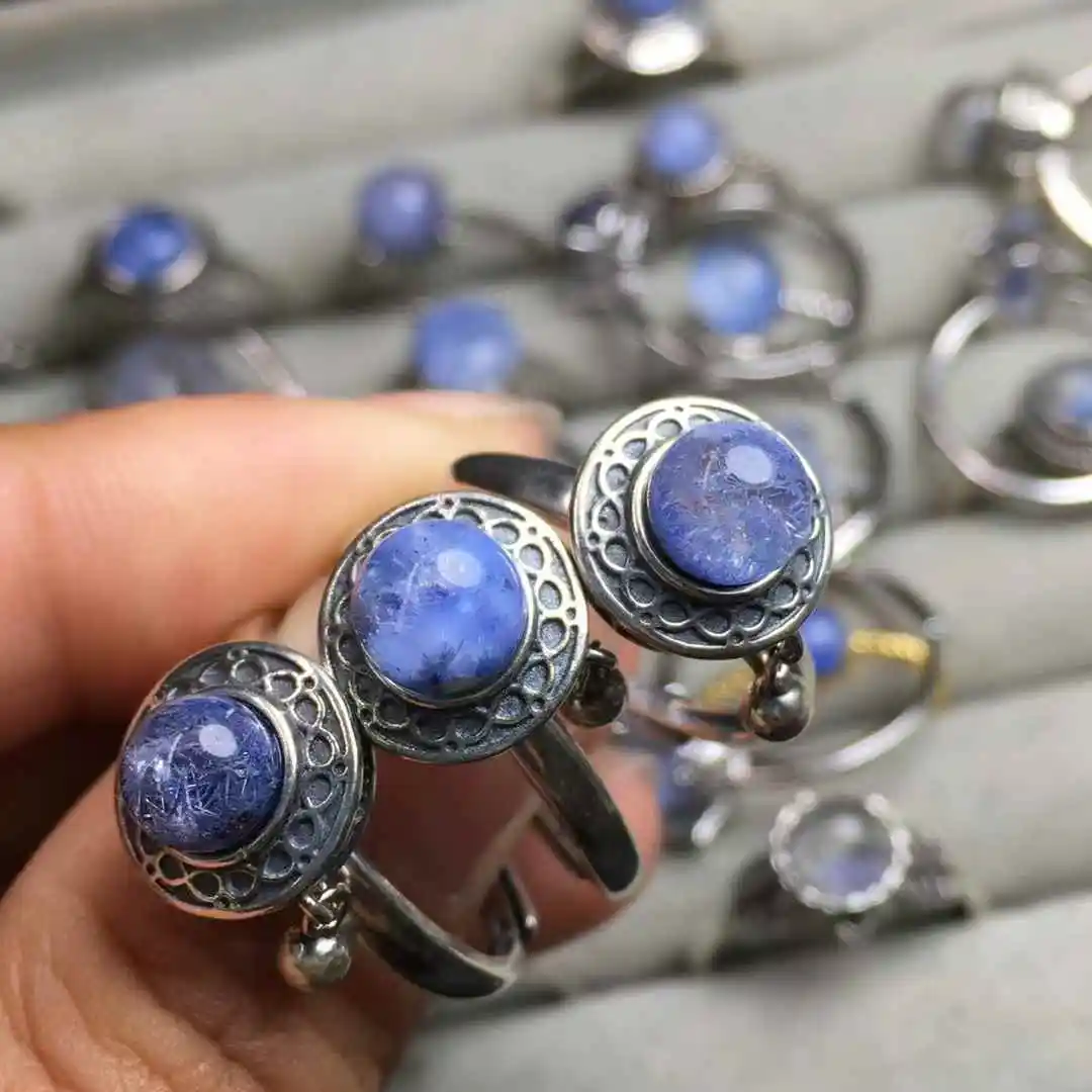 Unit One Piece 925 Silver With Natural Blue Dumortierite Crystal Healing Freeform Shaped Gemstone Finger-rings For Gift