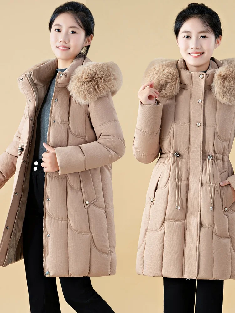 

Slimming Detachable Hood Cotton Jaet Women's Large Fur Collar Winter Coat Sli Waist-Cinching Cotton Outerwear