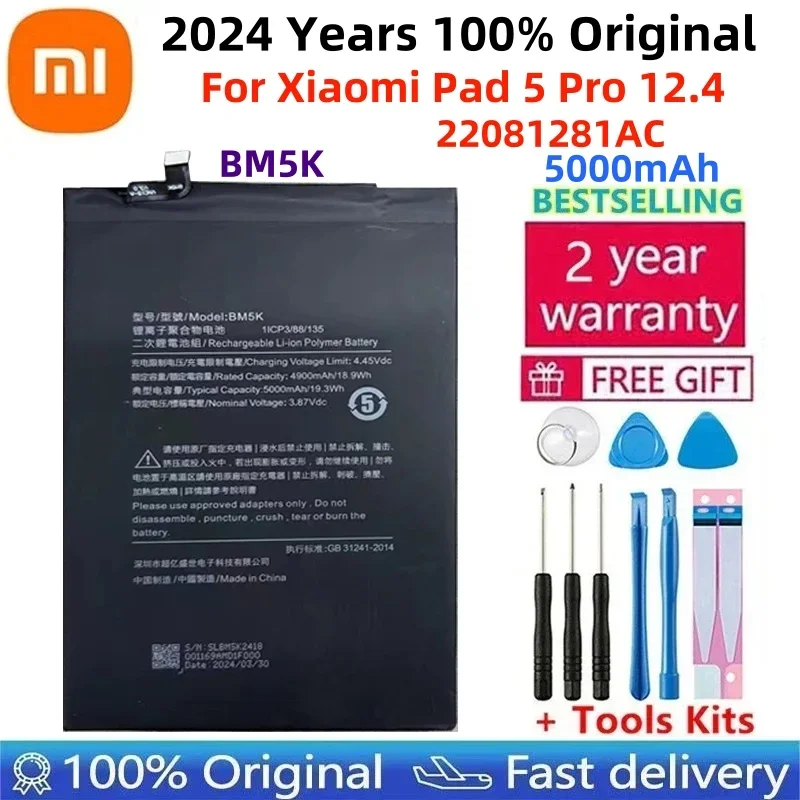 

100% Orginal BM5K 5000mAh Battery For Xiaomi Pad 5 Pro 12.4, 22081281AC, 3.87V Batteries+Tools