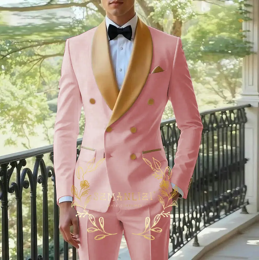Weißer Herrenanzug, zweireihig, Blazer, Hose, neueste Designs, goldenes Schalkragen, schmale Passform, 2-teiliger Smoking, Bräutigam, Abschlussball, Anzüge, Ternos
