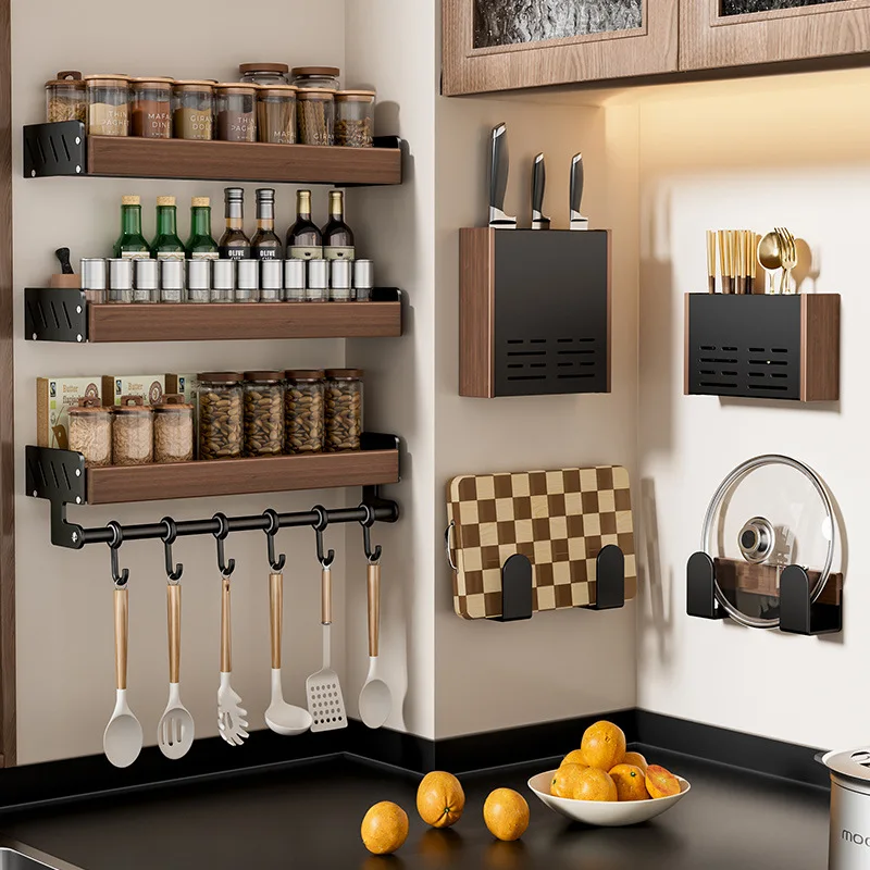 Walnut kitchen rack, non-perforated wall mount