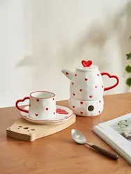 Ceramic 250ml Cup 630ml Teapot Base 7 Inch Plate Set Nordic Style Red Heart Printed Luxury Teaware Home Afternoon Tea Drinkware