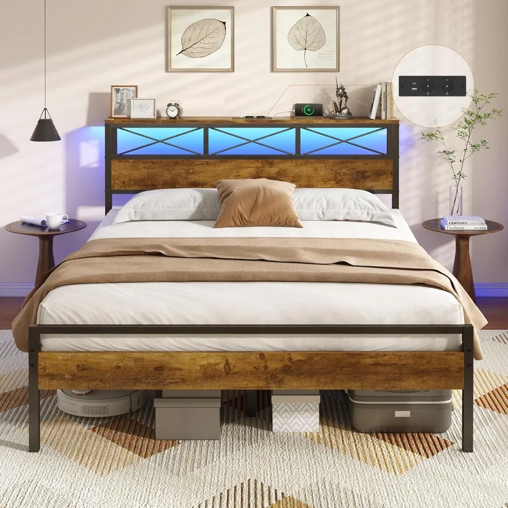 Cadre de Lit 140x200 en Métal avec Sommier- Lits Double avec Tête de Lit LED RGB, 2 Prises AC + 2 Ports USB (A&C)- 32 cm Espac