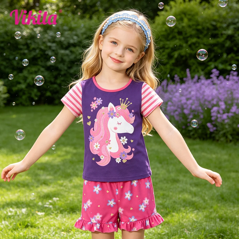 VIKITA Kinderbekleidungssets für den Sommer, Kinder, Einhorn-Blumendruck, kurzärmelige T-Shirts und Shorts, 2-teiliges Anzug-Kleidungsset