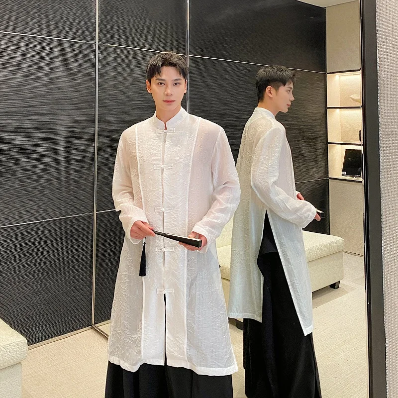 GDHLWMY Summer and autumn fashion men's clothing, Chinese style standing collar long sleeved organza Zen style long loose shirt