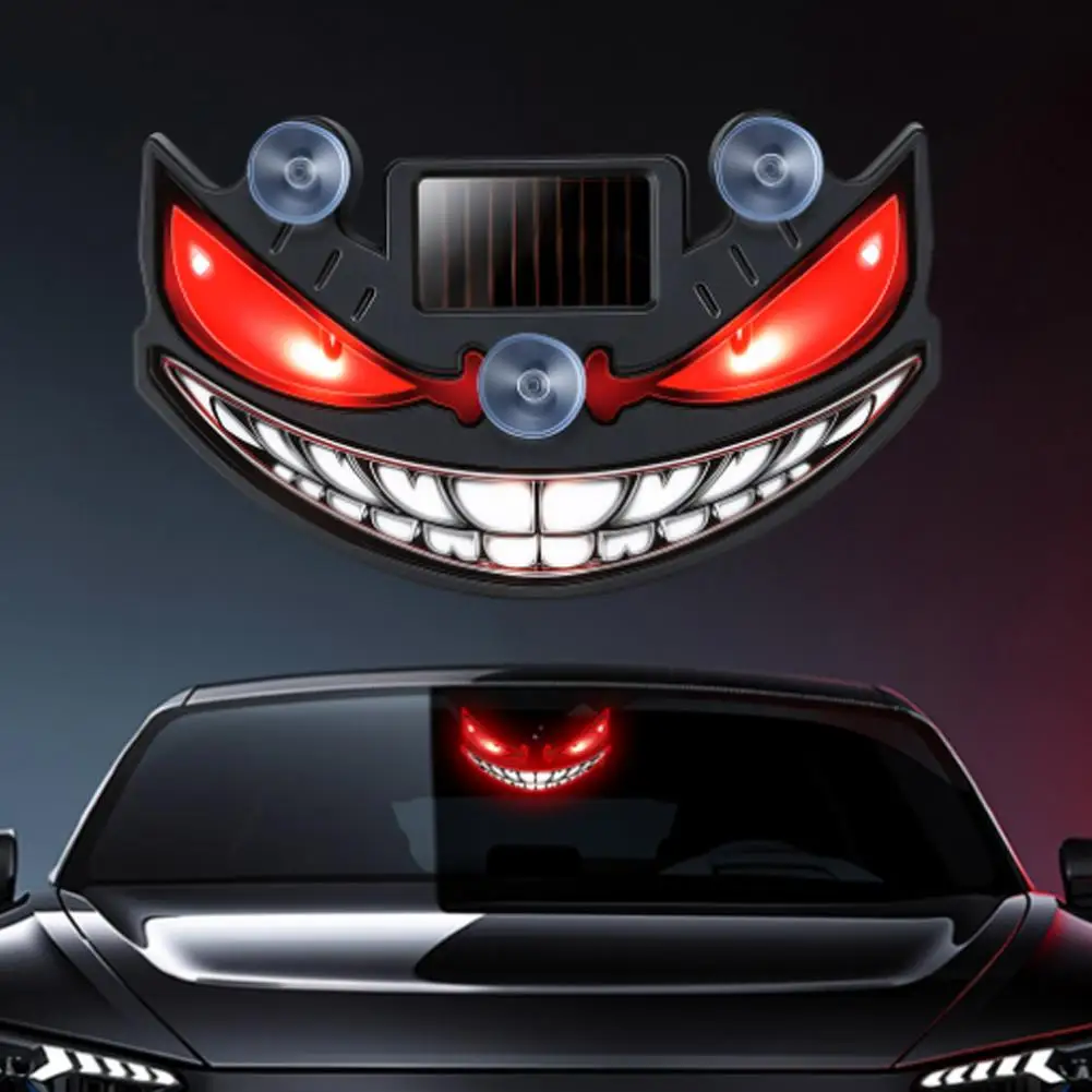 Auto Light Sensor Solar LED Devil's Face Car Warning Strobe Light MultiColor Flashing Safety Lamp Suction Cup Windshield Install