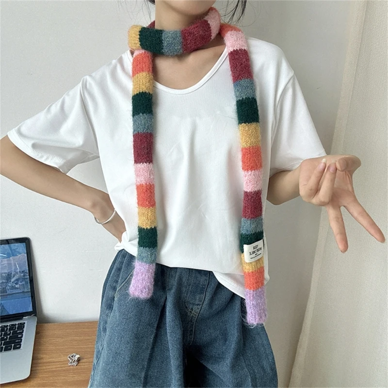 Women Fashion Skinny Scarf Party Travel Neckerchief Mixed Color Striped Scarf Autumn Winter Outdoor Street Windproof Long Scarf