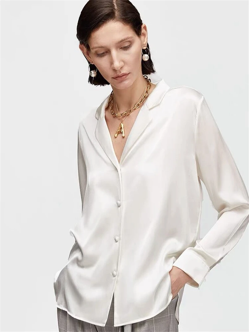 Women Classic Shirt Solid Satin Elegant Blouse Loose Long Sleeve Shirt Lady Simple Style Tops Female Clothes New Chic Blusas