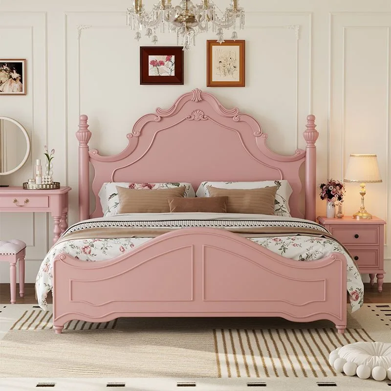 New solid wood bed, pink girl princess bed, girl 1.8 meters 1.5 double bed, master bedroom French retro