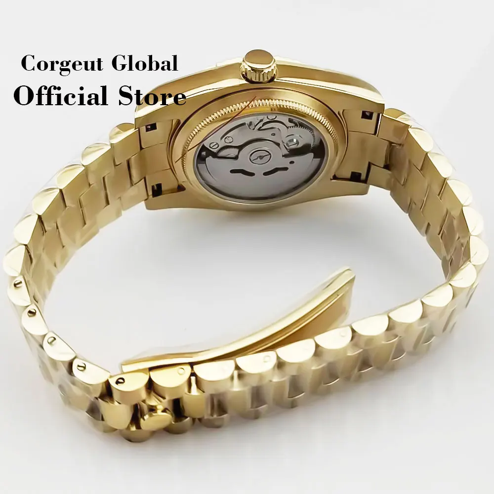 Corgeut 36Mm/39Mm Automatische Mannen Horloge President Armband Nh35a 20atm Beweging Saffier Kristal Groene Lichtgevende Wijzerplaat