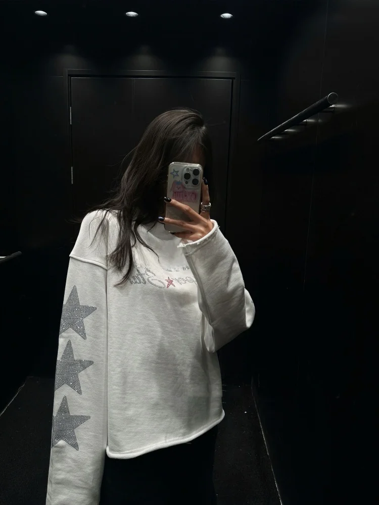 

Новая женская толстовка в стиле ретро с американским принтом в виде букв и звезд, круглый вырез, свободный крой, зимняя, в корейском стиле, для повседневной носки