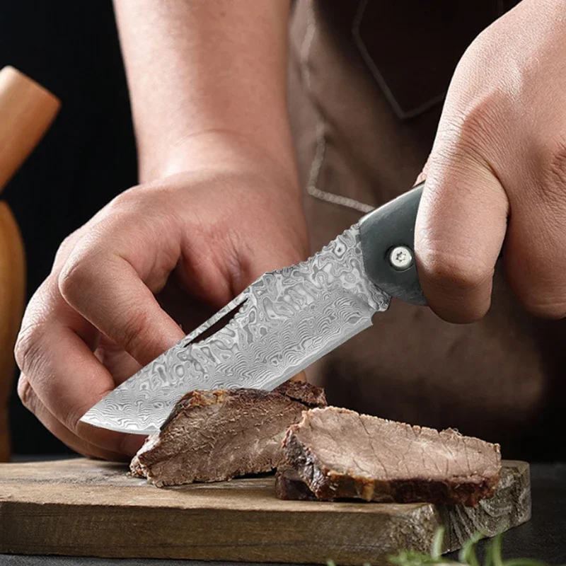 Damascus Steel Folding Pocket Knife Cleaver Meat Vegetable Slicing Fish Kitchen Knives Fruit Knife Butcher Boning Barbecue Knife