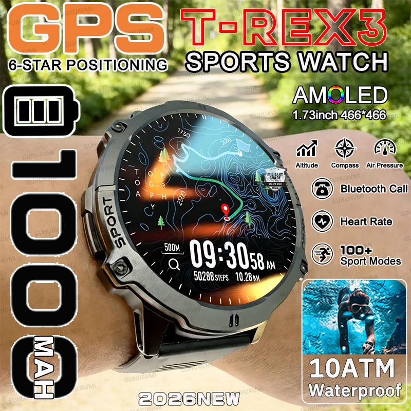 

2026 NEW T-Rex 3 Ultra 1000mAh Battery SmartWatch Men GPS 10ATM Waterproof Compass Altimeter Clock HD Call Military Sports Watch
