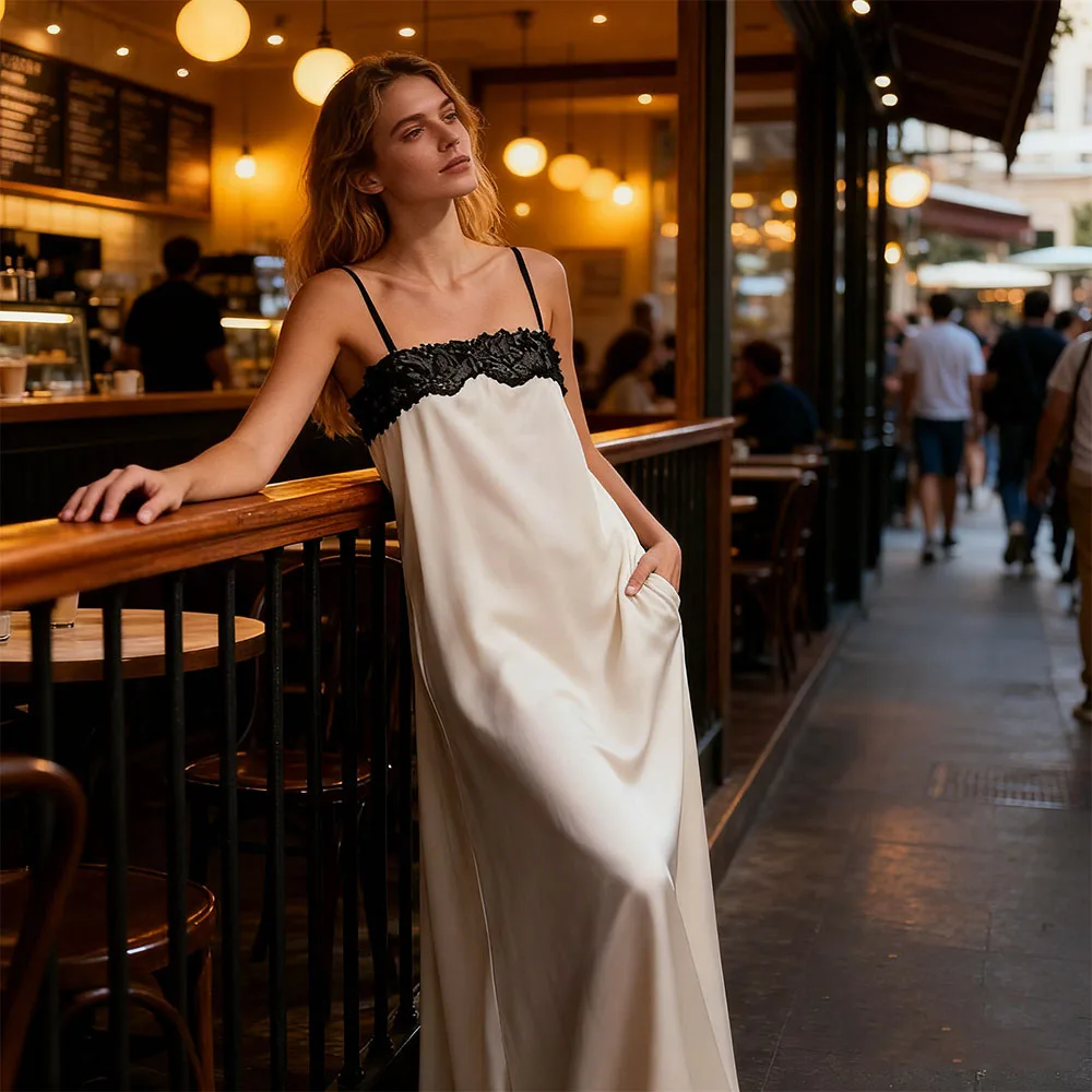 Frauen Sommer y2k Vintage Satin Spitze Patchwork Langes Kleid Einfarbig Ärmellose Spaghetti Strap Lose Club Party Maxi Kleid