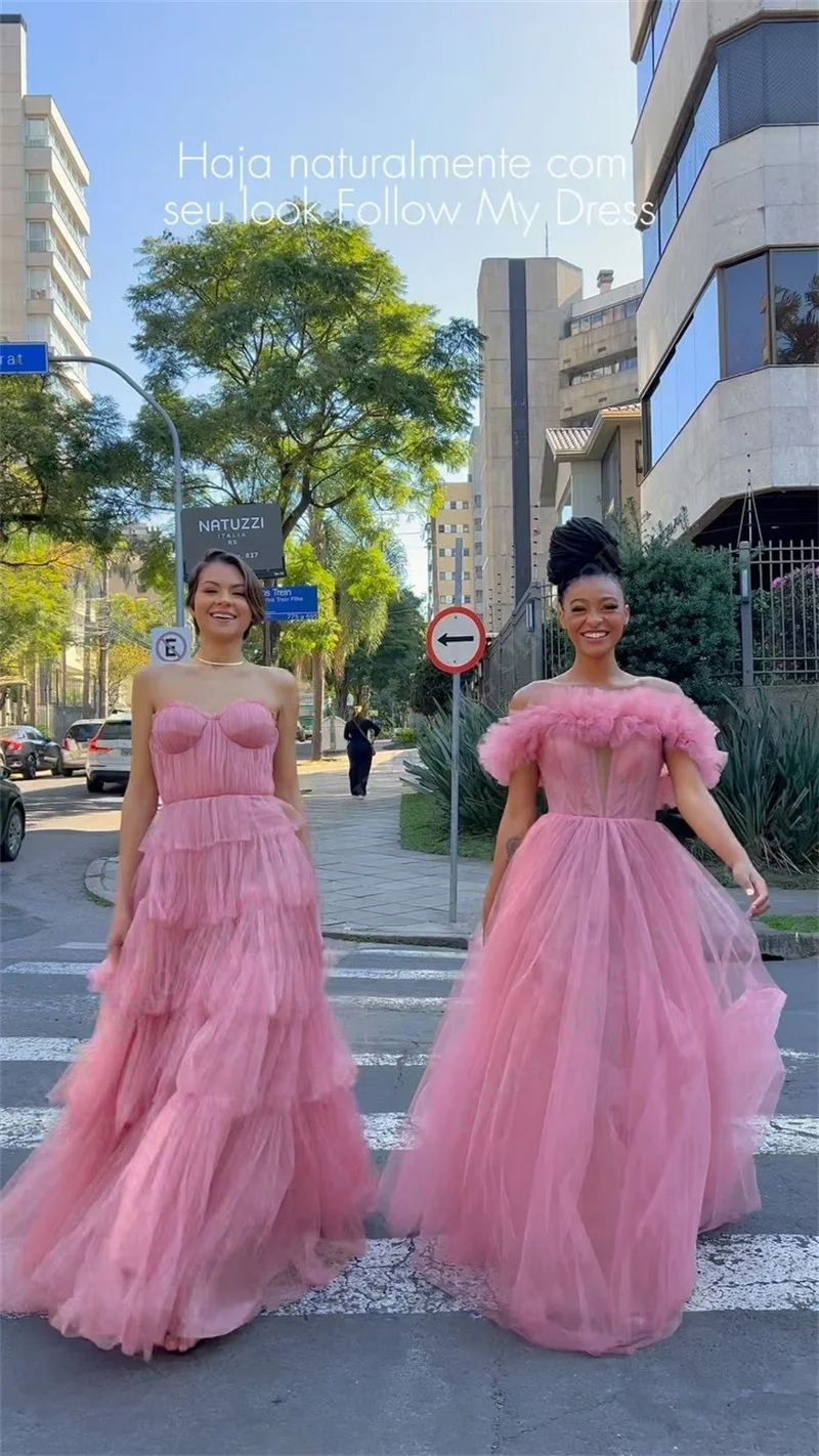 Baby Pink 2 Designs Evening Dressees Tulle Prom Dresse A-Line Floor Length Off Shoulder Formal Prom Gowns Party Dresses 2023