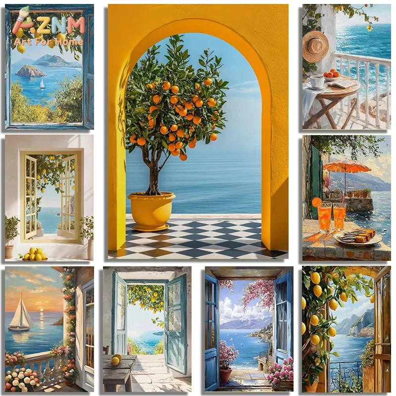 1PC Fresh Italian Summer Ocean Landscape Art Poster Canvas Printing Coastal Villa Hotel Homestay Wall Decoration Painting