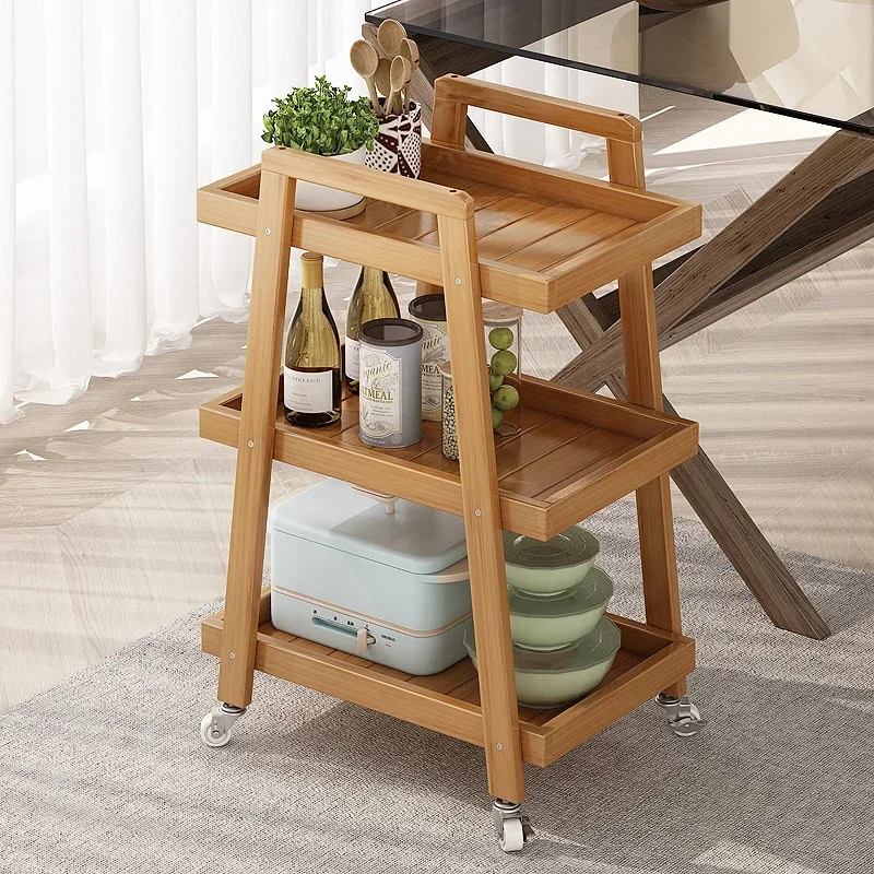 Multilayer Pulley Storage Cart Natural Bamboo Snack Rack with Silent Wheels for Bedroom or Kitchen Furniture