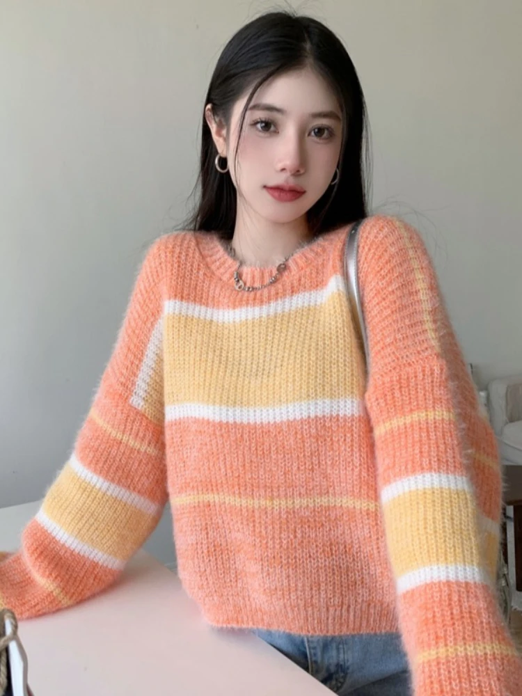 Cropped Sweaters Women Striped Elegant All-match Leisure Cozy Hotsweet Chic Autumn Gentle Students Office Lady Stylish Classic