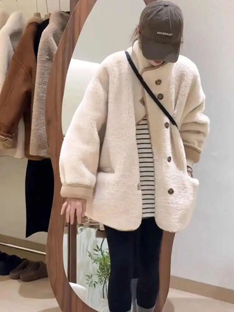 

Куртка из овечьей шерсти для женщин, зимняя утепленная, с длинными рукавами, круглым вырезом, средней длины, в корейском стиле, для повседневной носки, модная.
