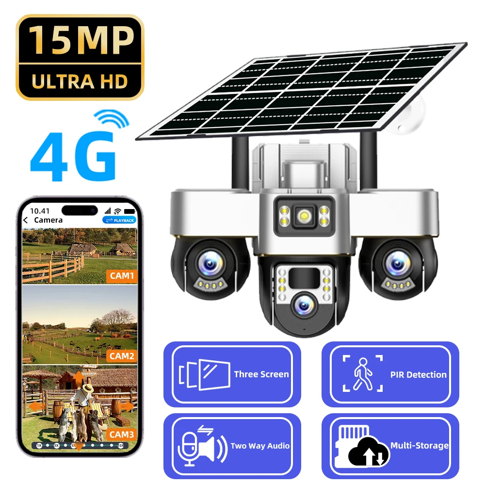 

Three Screen Three PTZs Lens 15MP 4G Solar Camera Auto Tracking Night Vision Outdoor Waterproof CCTV Video Security Cam V380 Pro