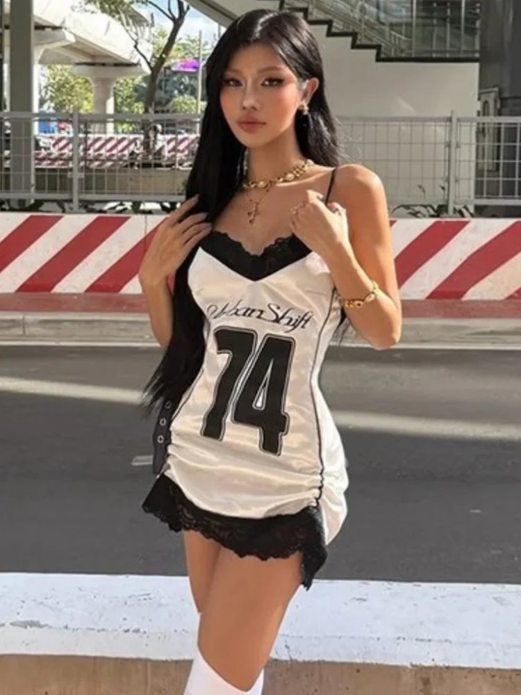 

Letters Printed White Dress Women Streetwear Black Lace Camisole One Piece Y2k Summer Clothing Spaghetti Strap Vestidos De Mujer