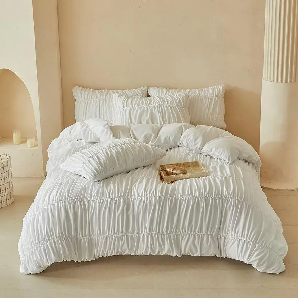 3 Piece Chic Farmhouse Textured White Bedding Set Queen Size Duvet Cover