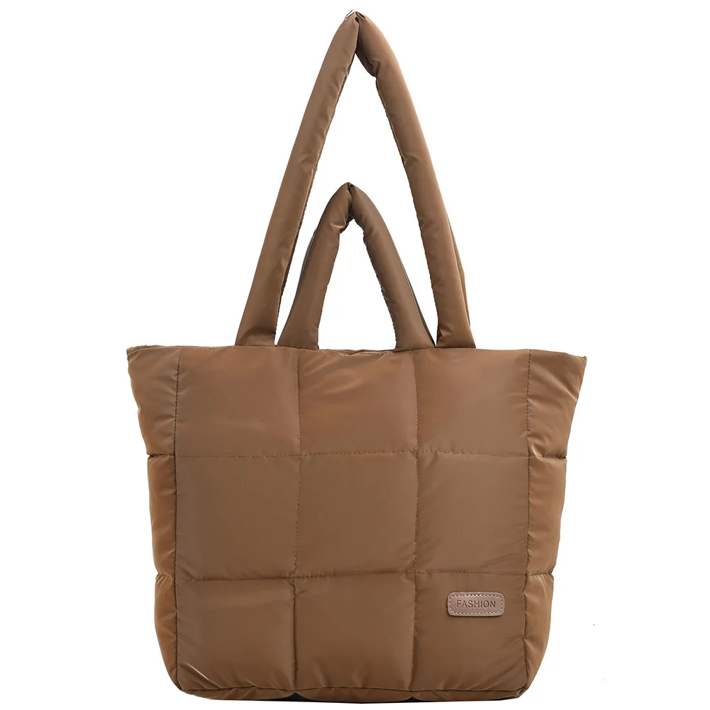 

Women Down Padding Tote Bag Solid Color Checkered Quilted Handbag Large Capacity Casual Ladies Girls Trendy Bag