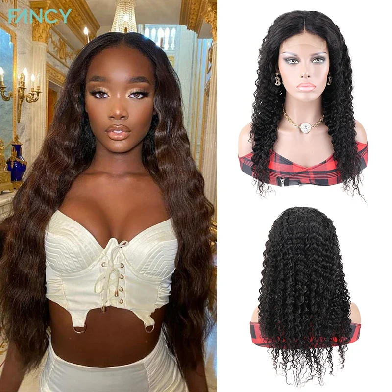 

Fancy 4x4 Deep Wave Lace Closure Human Hair Wigs Brazilian Virgin Water Wave Human Hair Wigs Lace Frontal Wigs with Baby Hair