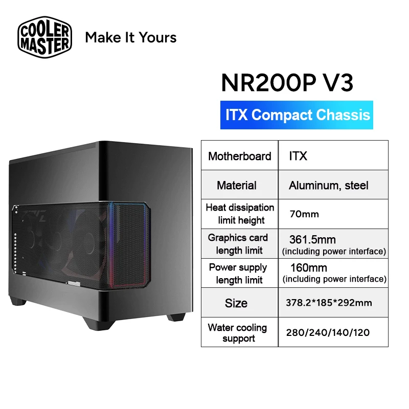 Cooler Master NR200P V3 computadora de escritorio ITX caja aleación de aluminio lateral transparente portátil Mini funda compatible con 240 refrigerado por agua
