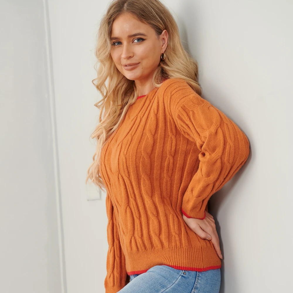 Acrylic Turtleneck Pullover for Women, Twist Flower Sweater, Thickened Knitwear, Long Sleeve, Orange Color, Autumn and Winter