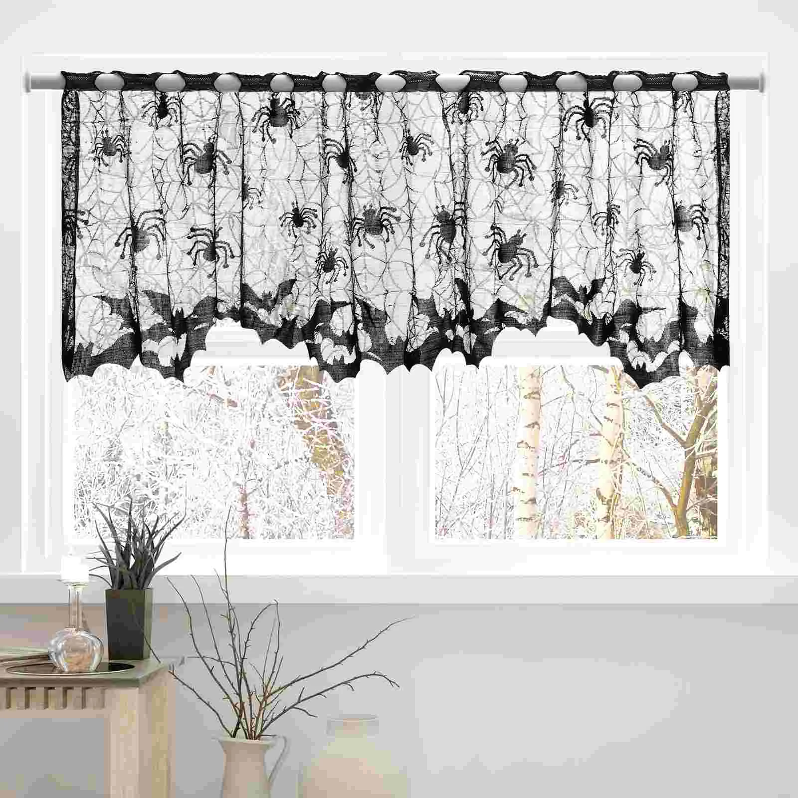 Halloween Curtain Window Curtains Lace Spider Fireplace Decor Black Cloth Door Kitchen Bats Web Spiderweb Spooky Goth For