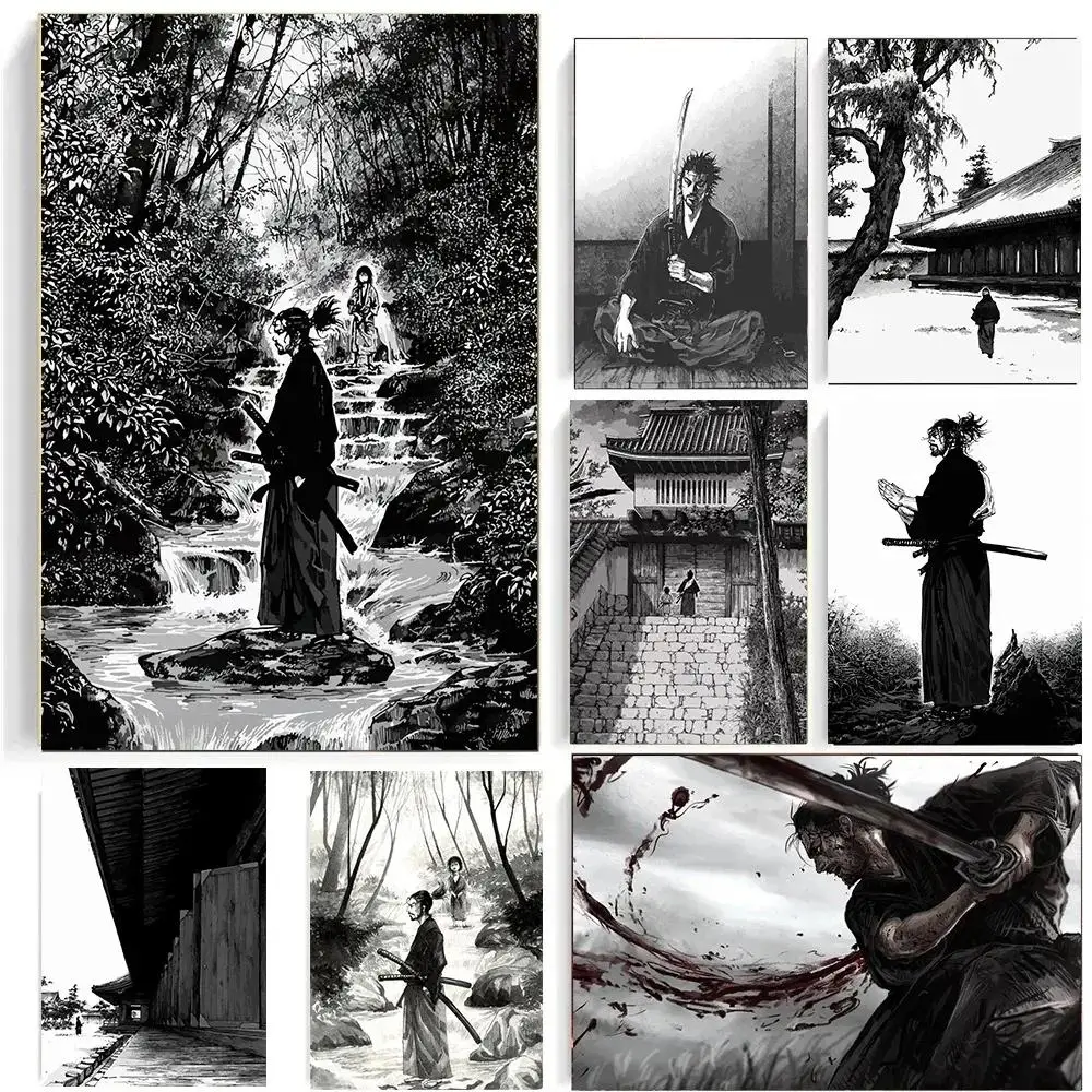Japan Samurai Musashi Vagabond Black  White Canvas Prints Poster  Modern Wall Art for Living Room Bedroom Home Decor