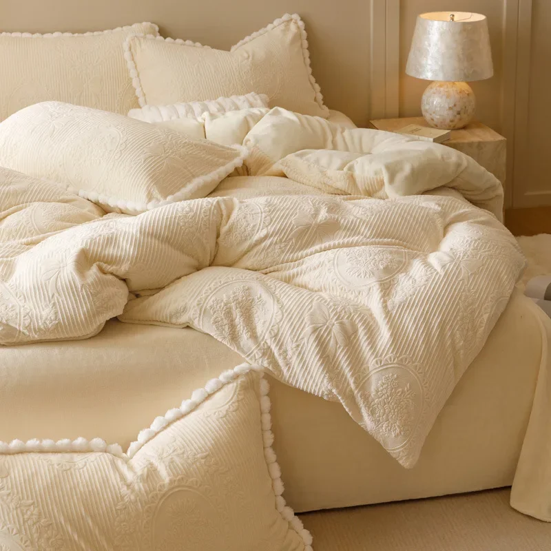 Warm Embossed Milk Velvet Duvet Cover Thickened Anti Static Bedding Set Cozy Warmth Silky Skin Feel Machine Washable Beddings