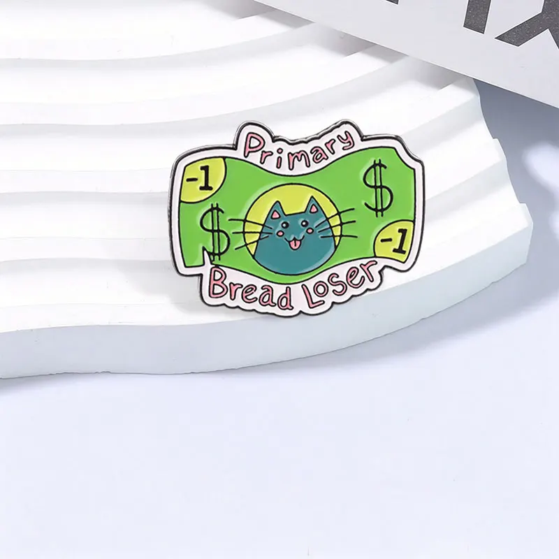 �Primary Bread Loser“ Emaille-Abzeichen, lustiger Katzen-Geld-Meme-Stil-Pin, grünes Dollar-Schein-Design, Metallbrosche, Revers-Accessoire, Geschenk – Detail 9