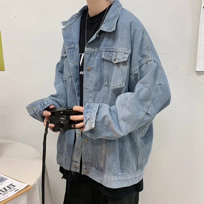 

Trendy Men's Denim Jaet Loose Fit Pure Color Workwear Outerwear Spring Autumn Hong Kong Sle Student Top Faion Retro