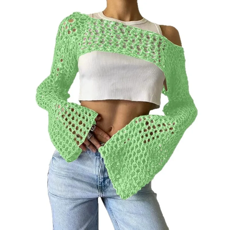 Summer Woman Cardigan Round Neck Long Sleeve Knit Cardigan Loose Cropped Open Front Cardigan Pink Bell Sleeve Knit Sweater view 5