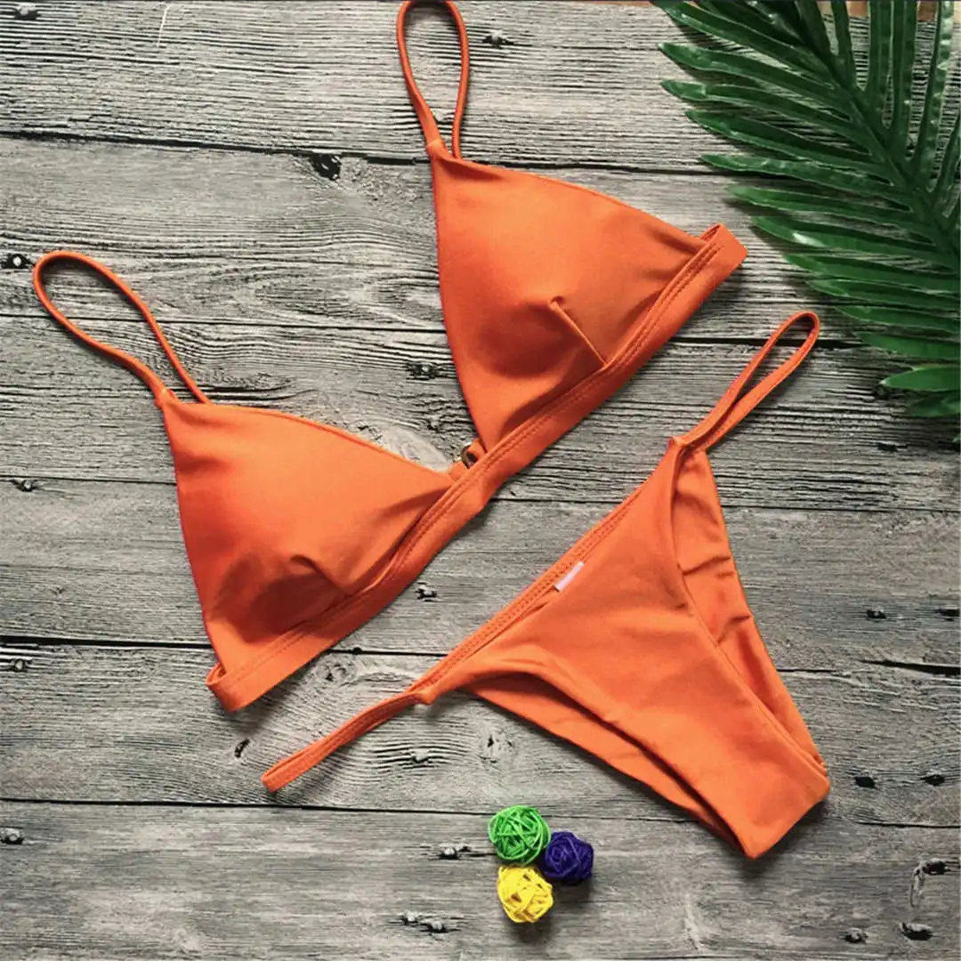 Neuer, verführerischer, gepolsterter brasilianischer Bikini, Damen-Badeanzug, zweiteiliges Bikini-Set, einfarbiger Badeanzug, Damen-Badebekleidung, V64A. – Detail 36