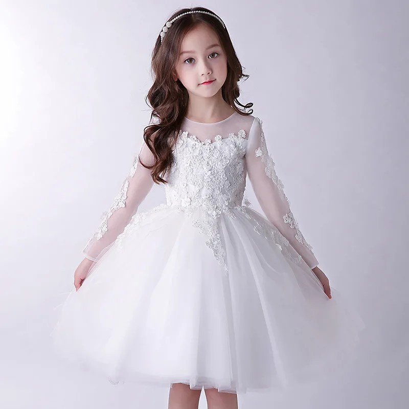 3-14 Years OldWhite Long Flower Girl Wedding Dress Kid Full Sleeve Elegant Vestido 4 6 8 10 12 14 Years Old Girls Clothes 184065